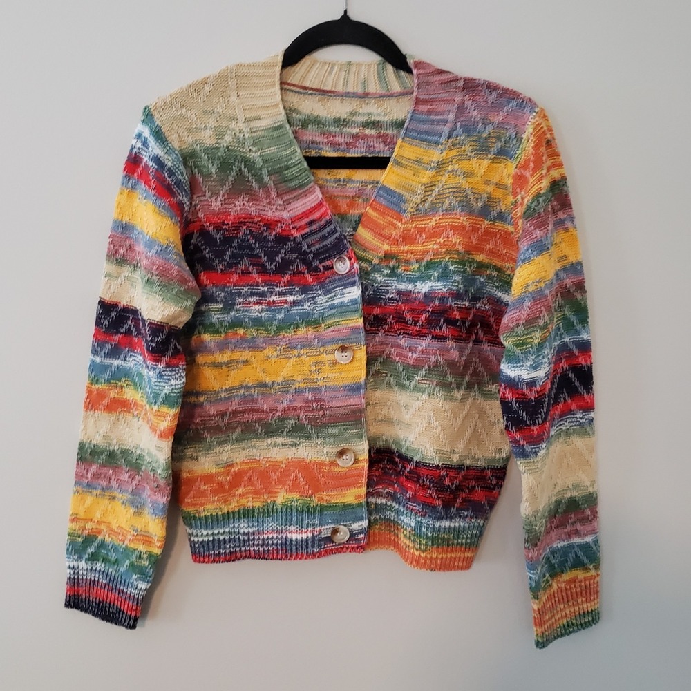 Rainbow Cardigan Sweater SMALL Boho Button Up V-Neck Colorful Hippie Whimsical